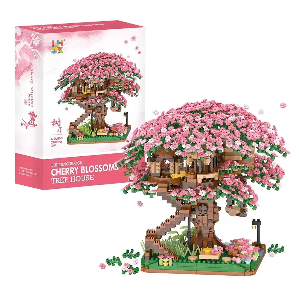 Cherry Blossom Treehouse Train Micro Mini Block Piece Series – Children's Building Blocks Toy with Springtime Sakura Park Vibes