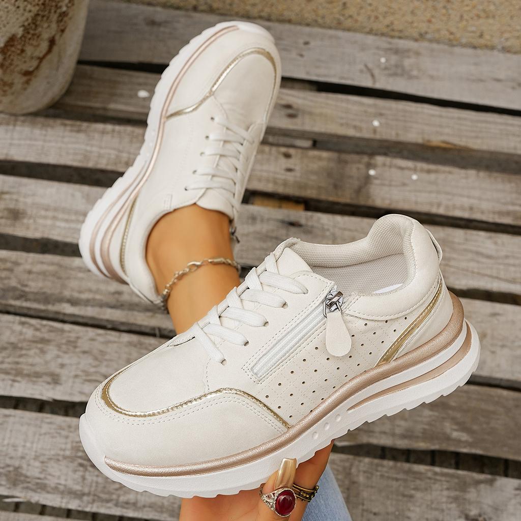 Women's Wide Width Round Toe Lace-Up Sneakers - Two-Tone Color Block Casual Flats for Fall, Fashion Breathable Walking Shoes