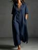 European and American women's clothing spring and summer new cotton and linen simple and elegant solid color short-sleeved lapel dress