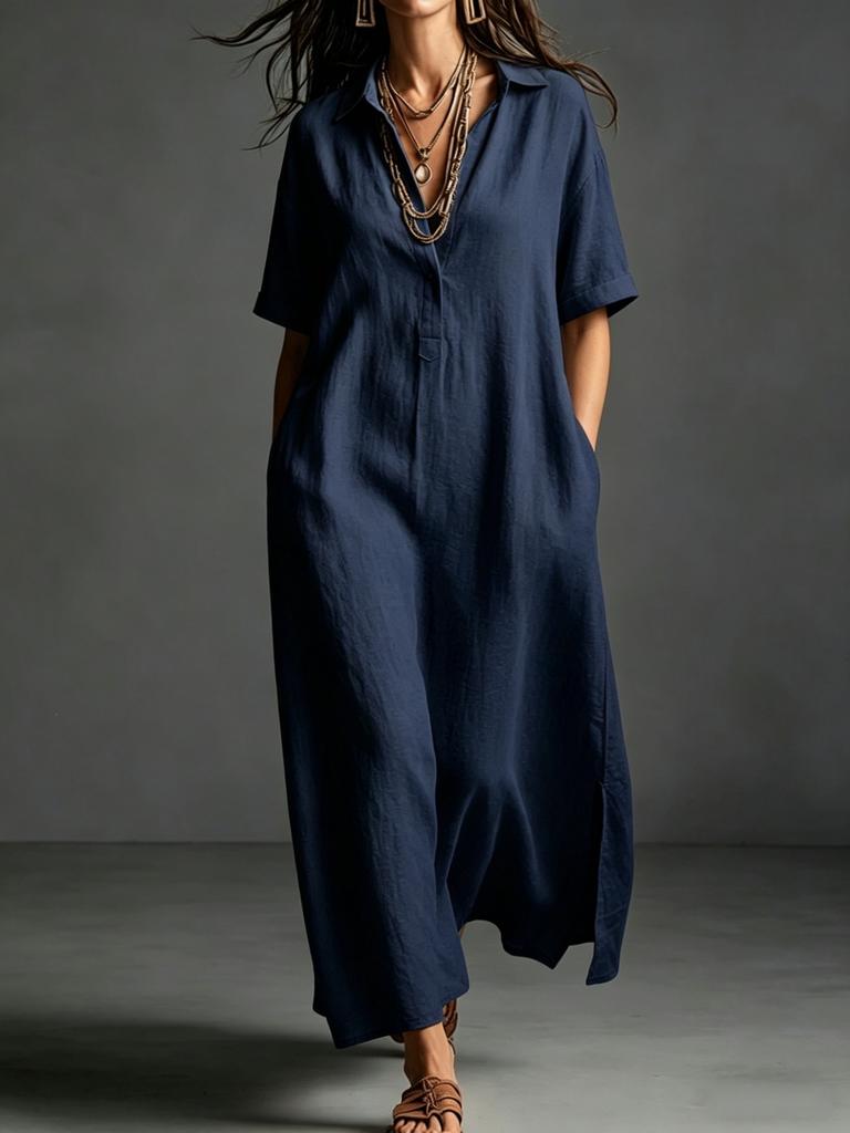 European and American women's clothing spring and summer new cotton and linen simple and elegant solid color short-sleeved lapel dress