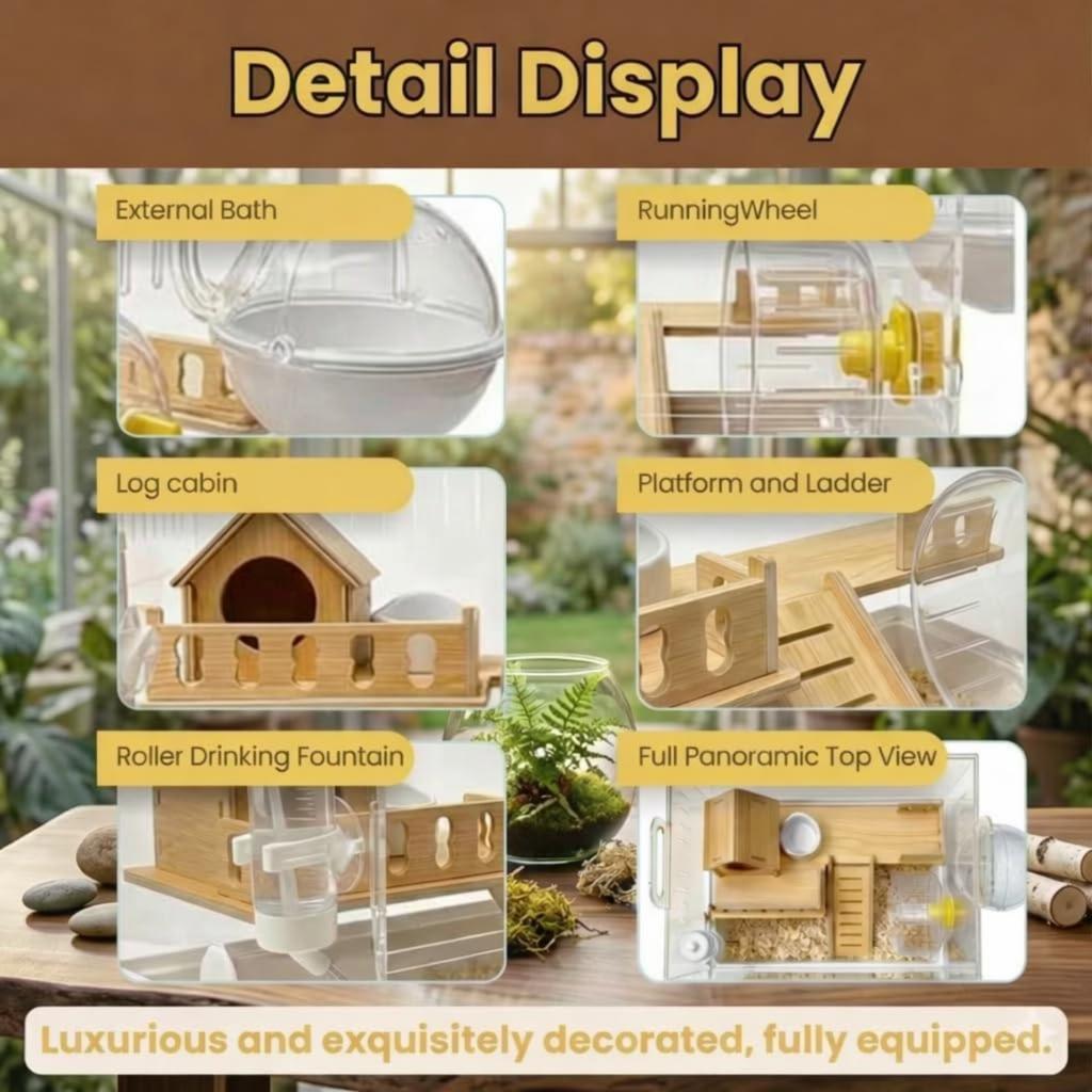 Clear Acrylic Hamster Cage Habitat, 2-Tier Small Animal Mouse Habitat with Wheel, Hideout & Accessories, Transparent Cage Hamster Starter Home