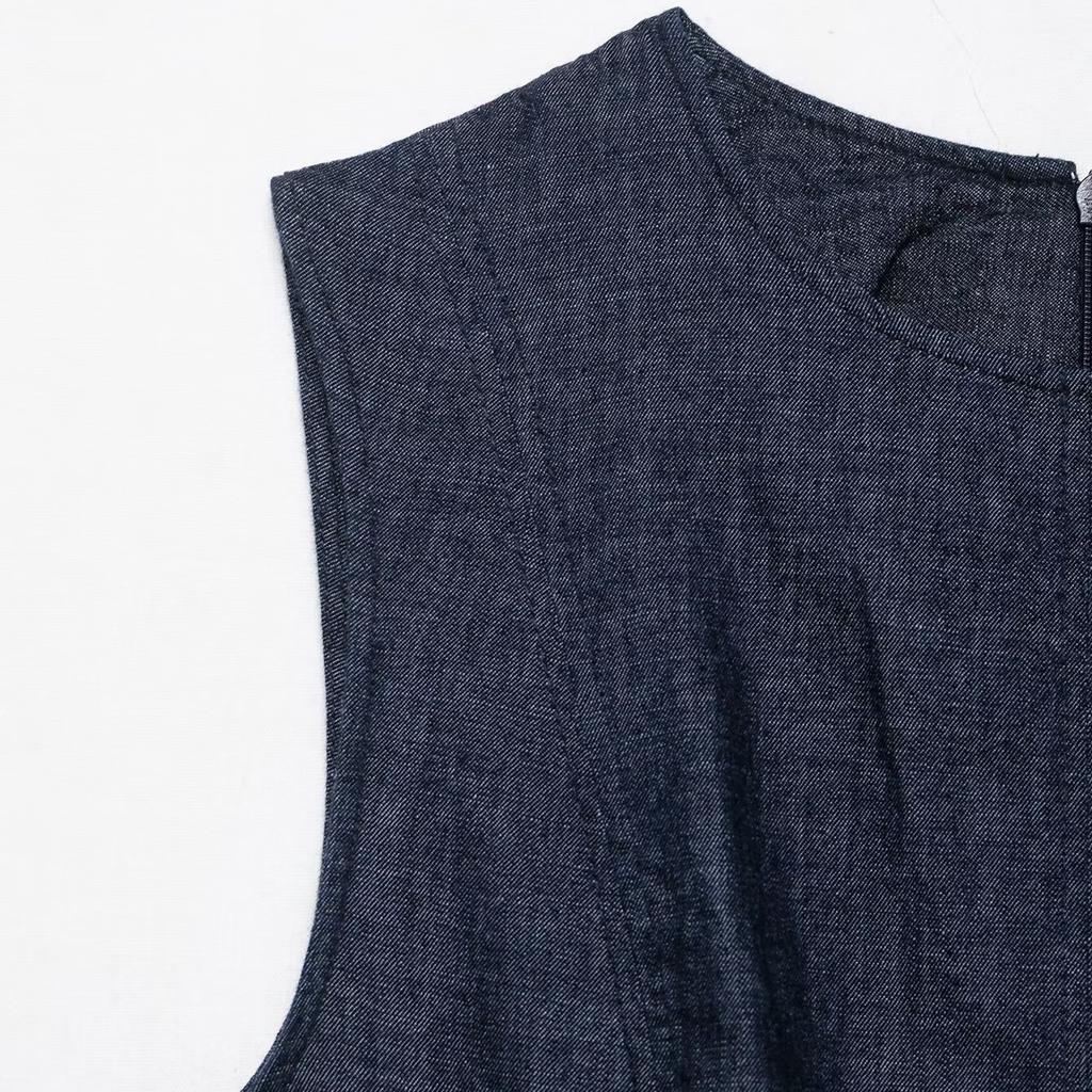 Retro Literary and Artistic Round Neck Waist A-word Denim Vest Skirt Denim Midi Dress