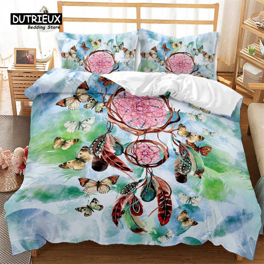 Traumfänger Bettbezug Set 2/3-teilig King Boho Bettwäsche Set Mikrofaser Federmuster Böhmischer Bettdeckenbezug mit Kissenbezügen