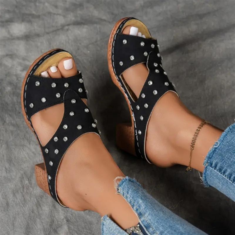 Women’s Platform Rhinestone Roman Block Heel Slide Sandals