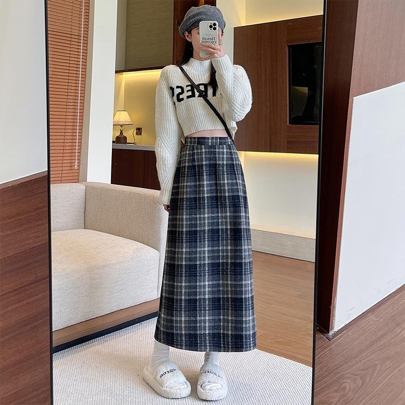 Tweed Package Hip Skirt Autumn and Winter Retro 2025 New Mid-length Skirt Women's Versatile High-waisted Skinny A-line Plaid Bustier