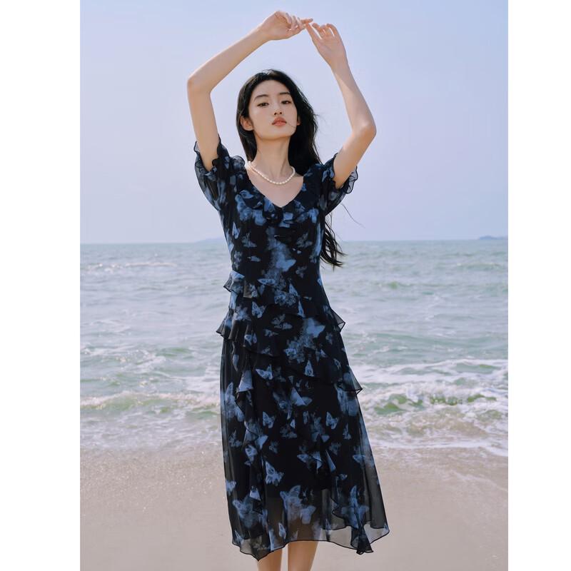 Women s Floral Square Neck Puff Sleeve Midi Dress L