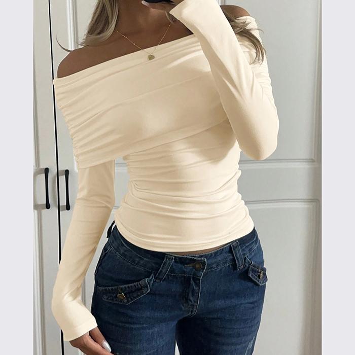 Ladies Spring Autumn Long Sleeve Boat Neck Solid Color Slim Fit Bodycon Pullover Casual T Shirt Top