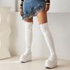 Krazing Pot PU Leather Spring Winter Keep Warm Shoes Super High Heels Waterproof Wedges Stretch Boots Zipper Women Over-the-knee Boots