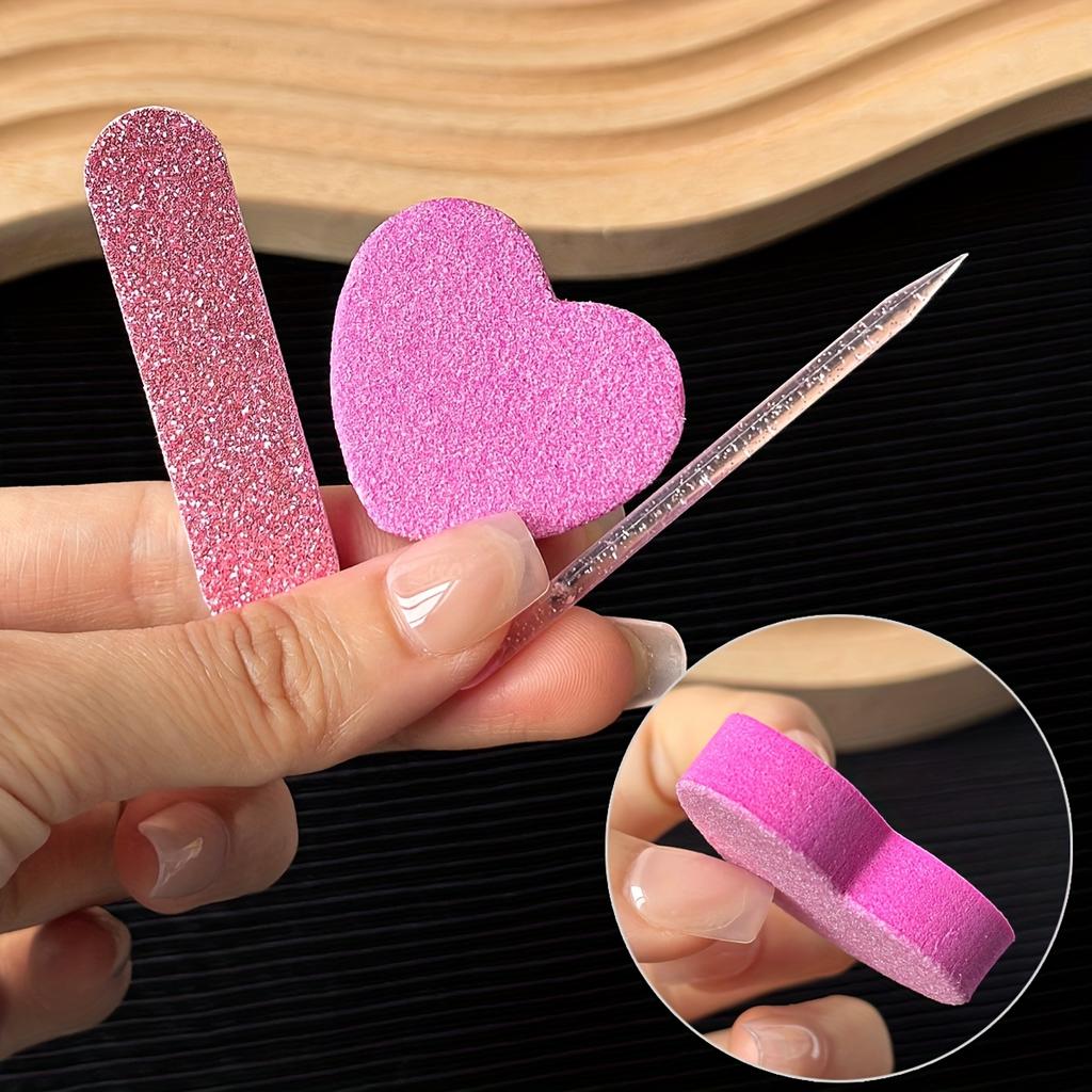 Set da 15 Pezzi / 3 Pezzi Lima per Unghie Mini, Tamponi e Bastoncini Lucidanti, Blocco Lucidante per Unghie Spugna a Forma di Cuore Double-Sided, Strumenti Lavabili per la Cura delle Unghie
