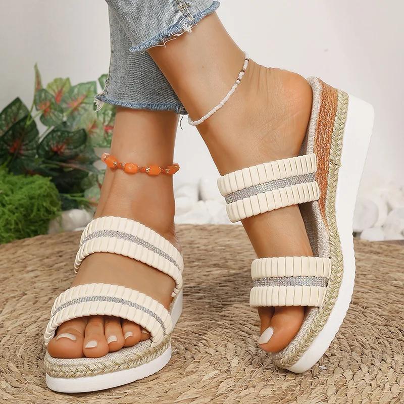 

Fashion Fashion Women s Wedge Sandals Thick Sole Crystal Decor Platform Slippers Woman Summer Lightweight Non Slip Beach Sandalias Mujer 36 бежевый