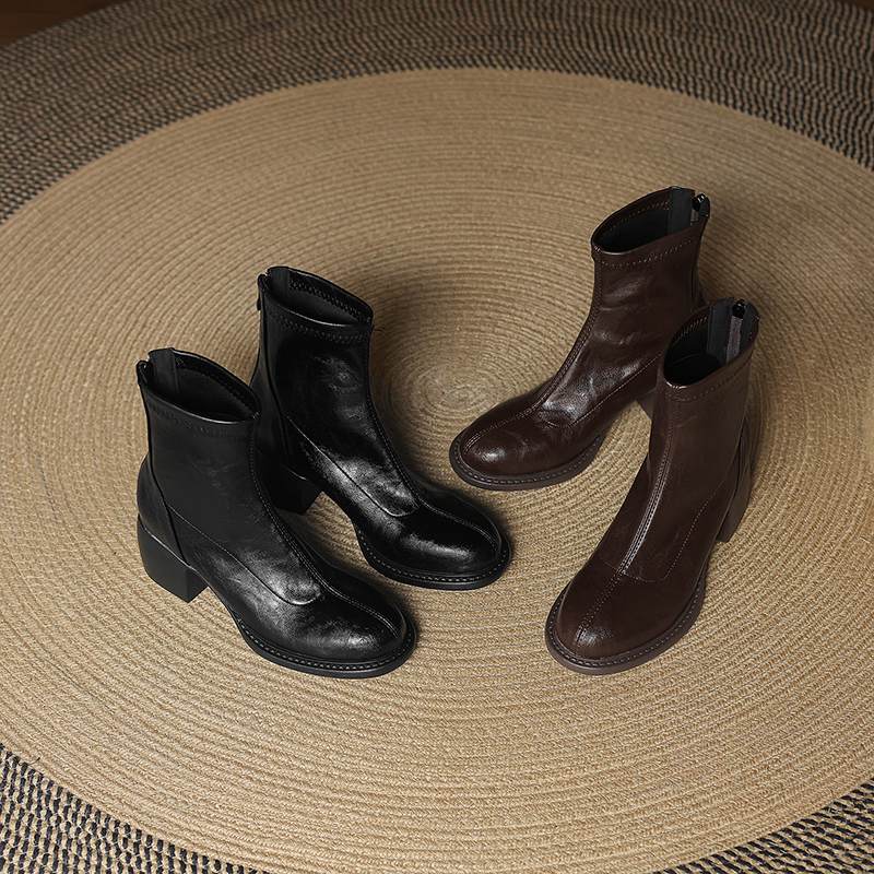 Krazing Po Microfiber Winter Round Toe Size 33 Western Boots Size 43 Zipper Thick High Heels Pleated Decoration Ankle Boots
