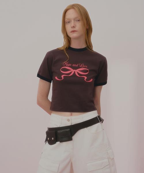Uncover Love Ribbon Ringer Short Sleeve T-Shirt Brown Free