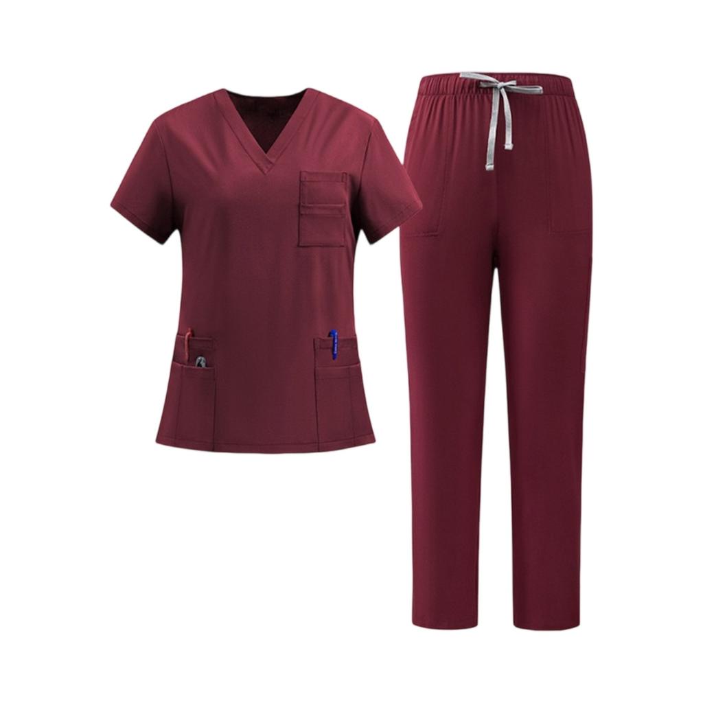 Women Nurse Scrub Set Quick Dry Fabric V Neck Short Sleeve Top with Pockets and Elastic Waist Drawstring Pants Medical Uniform