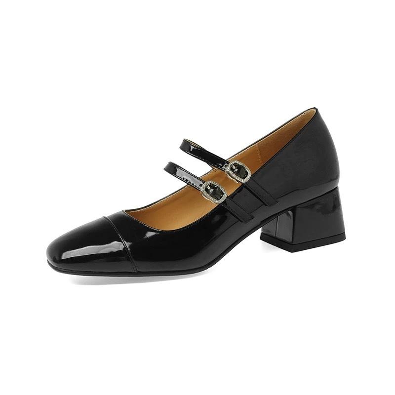 

Sheepskin French silver shoes one-word buckle strap medium heel high heels women s versatile Mary Jane shoes square head thick heel single shoes 40