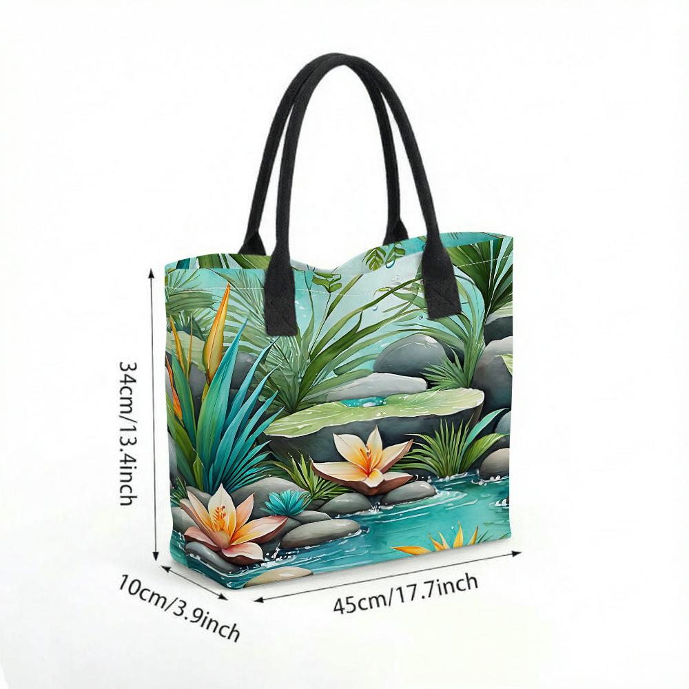 Tropical Lotus Print Casual Large Tote Bag Daily Outdoor Portable Shoulder Handbag