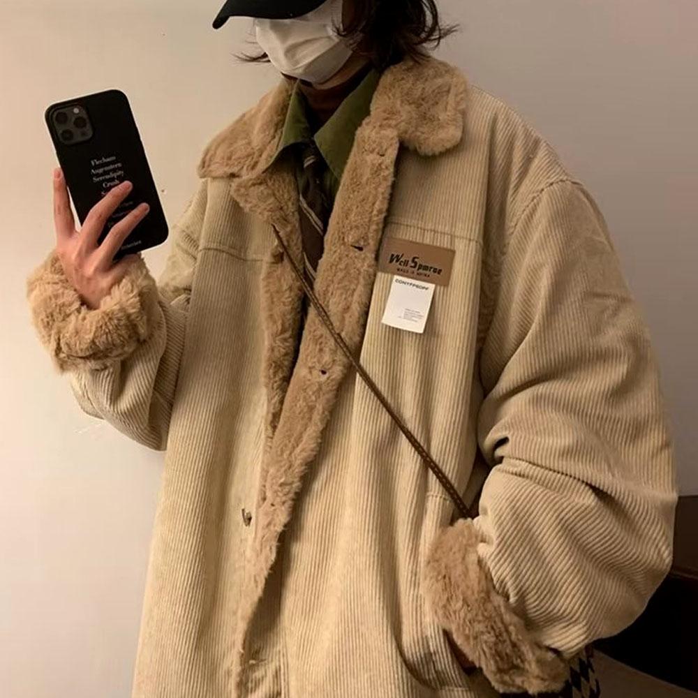 Men's Khaki Y2K Winter Thick Parkas Plus Velvet Loose Corduroy Down Coat Quality Jacket For Men Sweatshirts Windbreaker