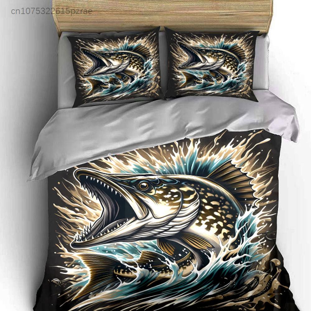 Pike Fishing Art Set Wall Decor Multiple Sizes kid's And adults' Bedroom Exquisite 3PC Bedding set, Gift