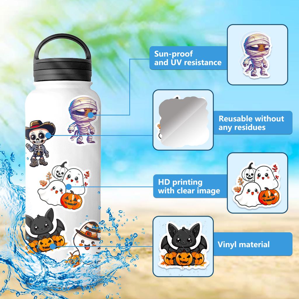 50Pcs Halloween Vinyl Stickers - Spooky Ghost Pumpkin Decals for DIY Party Decor (5.4x4.4cm)