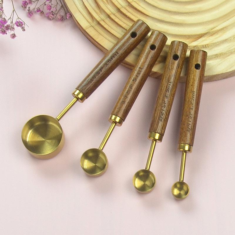Gold & Black Stainless Steel Measuring Cups and Spoons with Wooden Handles and Scale - Multifunctional Baking & Coffee Spoon Set