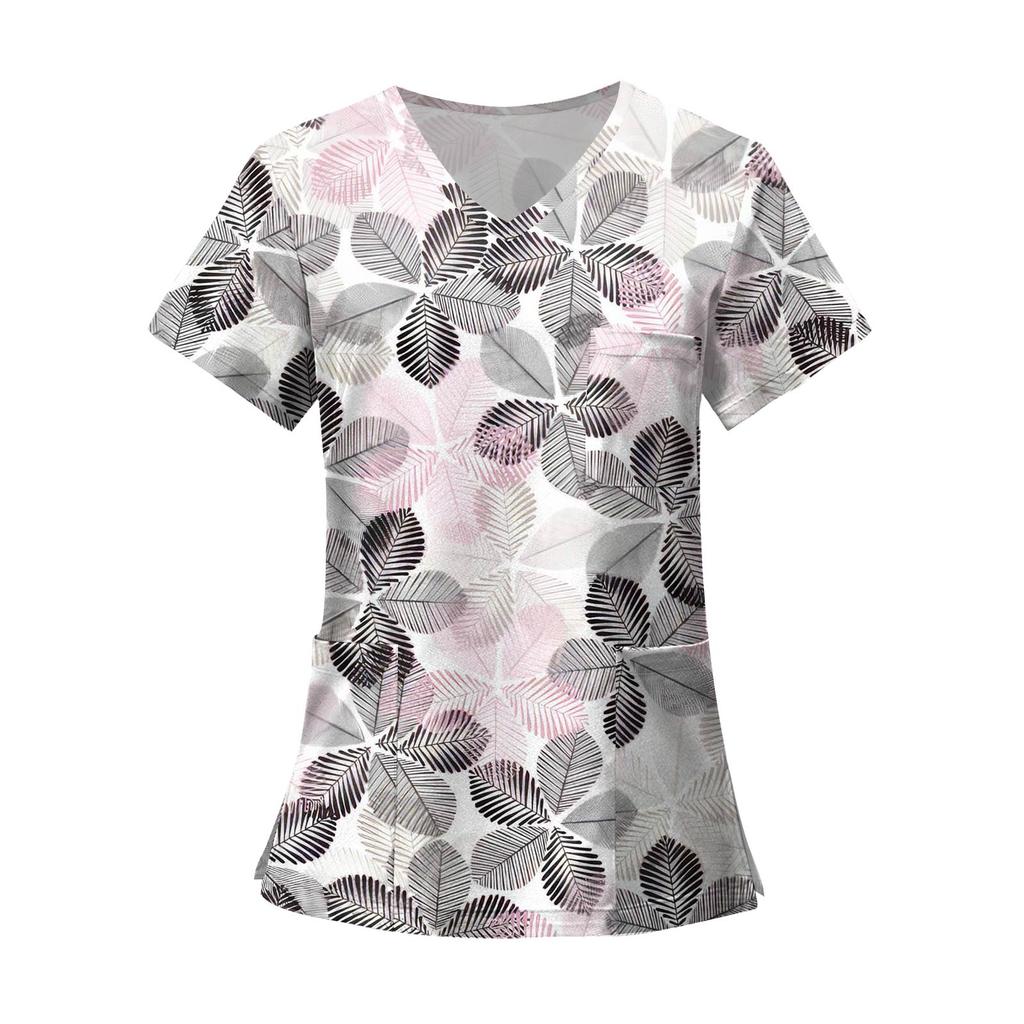 Women's Fashion Printed Short Sleeve V Neck Pattern Tops Pocket Working T-shirts