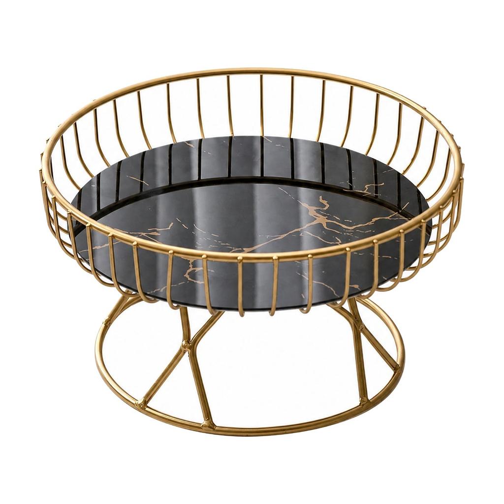 Wire Fruit Basket with Glass Tray Marble-Style Elevated Pedestal