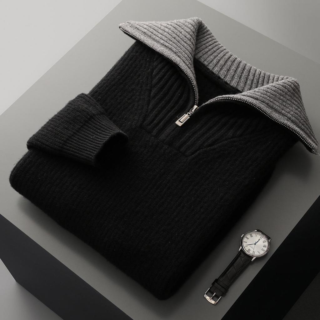 Men's Fashion Versatile Half-Zip 100% Wool Color Block Sweater