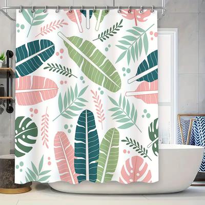 Modern Bathroom Decor With Greenery Theme Shower Curtain Set For Home Use Colorful Leaf Print Design In Blue, Pink, And Teal Col