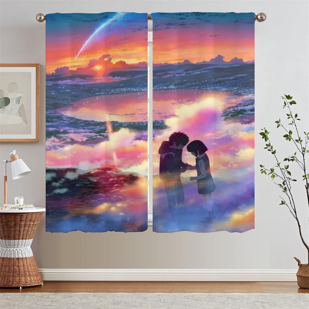 Hayao Miyazaki Modern Living Room Curtains for Camera Blind Blackout Curtain Tiebacks Partition Kitchen Curtains 2 Pcs Set Curls