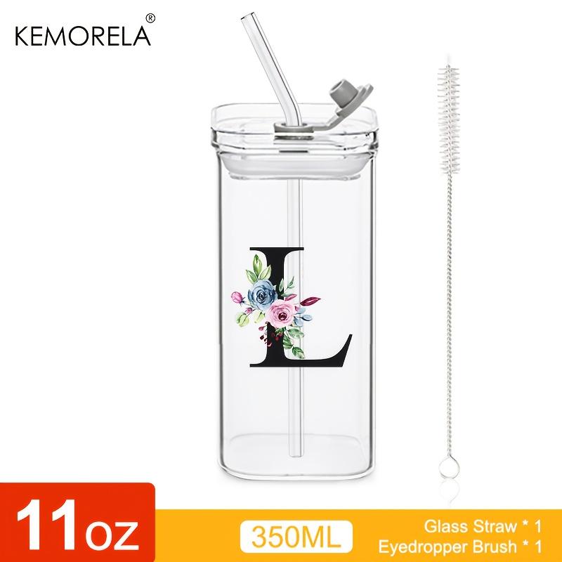 1 STÜCK 24 Buchstabenförmige Glastrinkbecher mit Deckel und Strohhalm Kaffeebecher 300ML Klarer quadratischer Trinkbecher für Kaffee Bier Milch