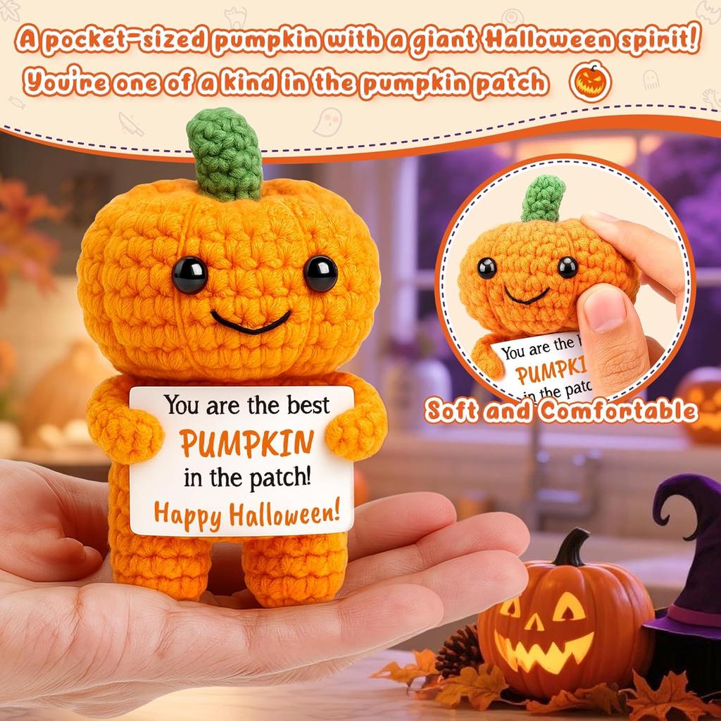 Poupée Citrouille de Soutien Émotionnel au Crochet Drôle avec Carte Ornement de Bureau Poupées Citrouilles Tricotées à la Main Cadeau d'Halloween Décoration de Maison