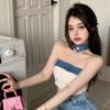 Spicy Girl Patchwork Strapless Denim Crop Top - Sexy, Slim-Fit, One-Shoulder Camisole