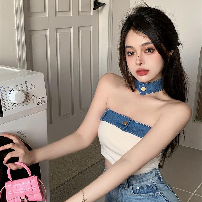 Spicy Girl Patchwork Strapless Denim Crop Top - Sexy, Slim-Fit, One-Shoulder Camisole