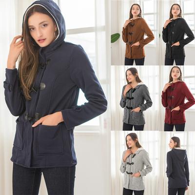 Plus Size Winter Fashion Women Solid Color Horn Buckle Hooded Long Sleeve Coat