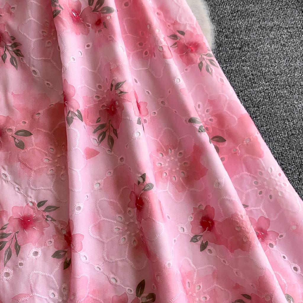 Gentle Pink Green and Yellow Embroidered Print Drop-Shoulder Shirt Dress for Women Summer Button-Down Belt Slim Midi Dress