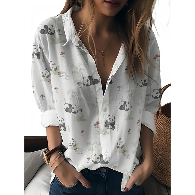 Womens Summer Shirt Fun Printed Lapel Shirt Casual Outdoor Loose Large Size Shirt Fashion Comfortable Breathable Long Sleeve Top