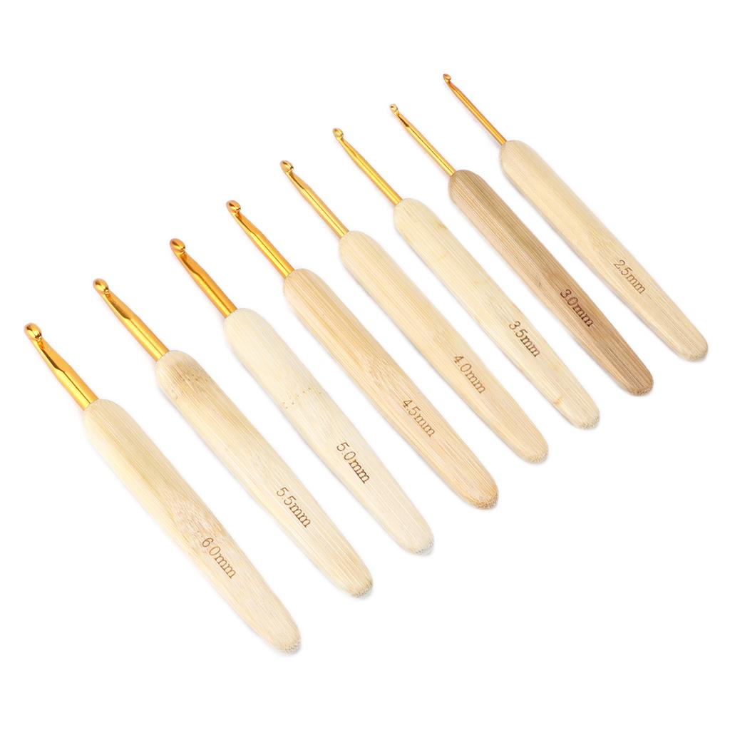 8pcs Crochet Hooks Alumina Needle Bamboo Handle Golden Weaving Tools for Handicraft Lovers
