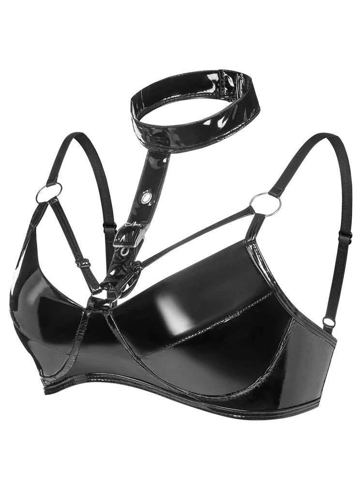 S-3XL Halter Lesklý Faux PU Kůže Bustier Top Punčocháče Bikini Crop Topy Krátký Croptop Sexy Klubové Oblečení Bez Rukávů S Knoflíky Camis