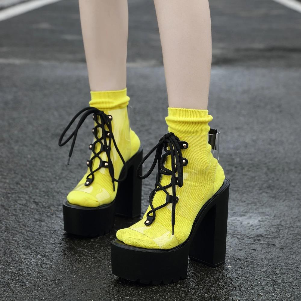 Fashion 14cm Summer New Women's Sandals Sexy Waterproof Platform Transparent PVC Lace-Up Chunky Heel High Heel Sandals stripper heels