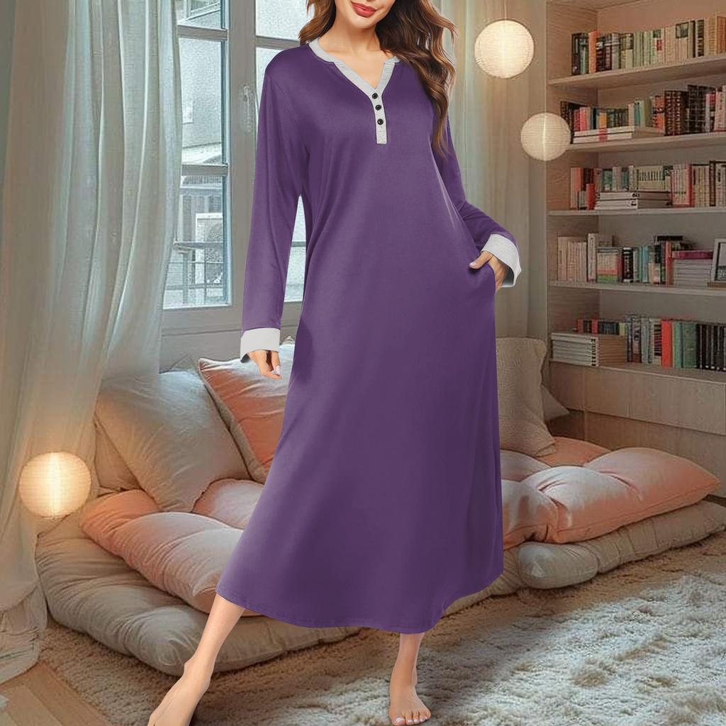 Women's Nightgown Long Housecoat V Neck Pajama Dress With Pockets