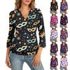 Women's 3/4 Sleeve Top With Cuffed Hem, V-Neck, Summer Casual -Shirt, Carnival Printed Top