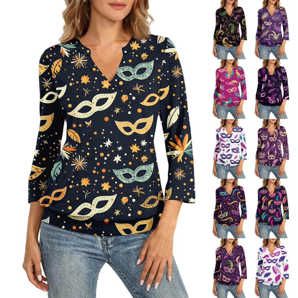 Women's 3/4 Sleeve Top With Cuffed Hem, V-Neck, Summer Casual -Shirt, Carnival Printed Top