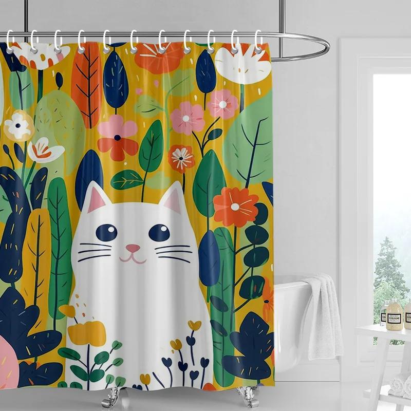Cat Forest Shower Curtain 70X72 Inch Waterproof Fabric Mildew Resistant Bathroom Curtain Ins Wind Cute Bathroom Curtains