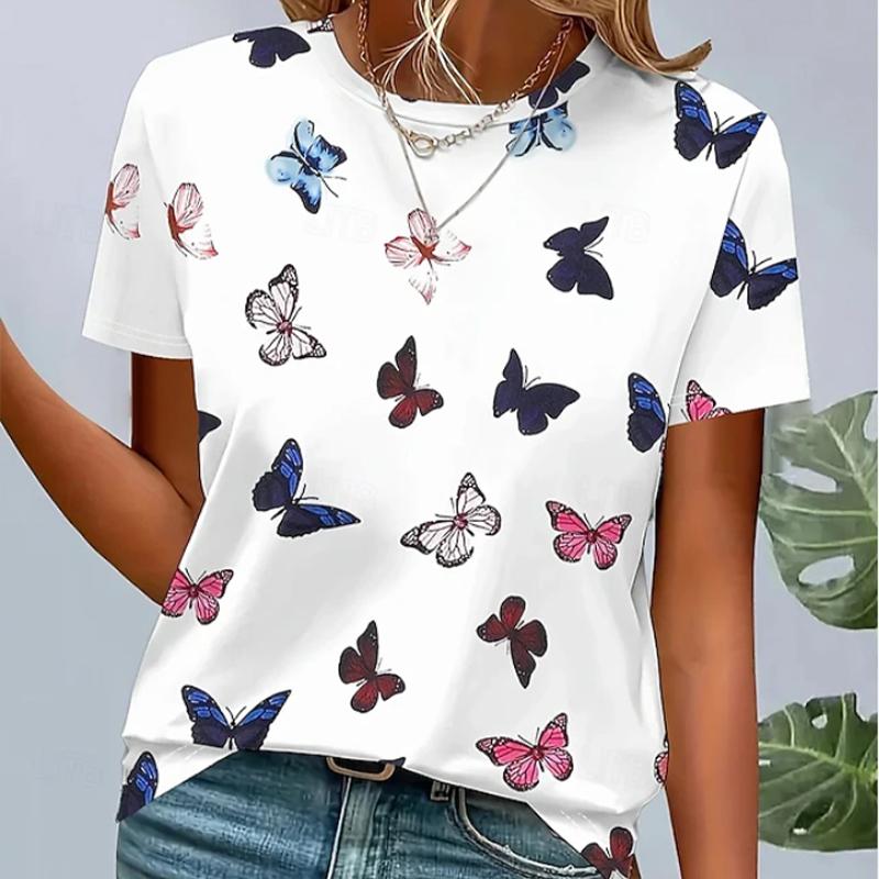 

Женская летняя футболка Ретро мода Футболки с коротким рукавом Повседневные топы с цветочным принтом 8XL белый