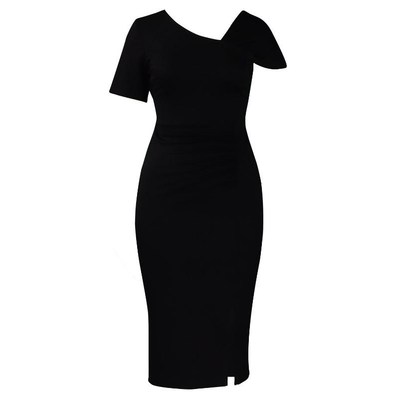 Women Fashion Elegant Solid High Waist Hip Wrap Short Sleeve Midi Dress