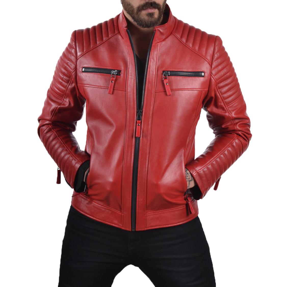 

SkinOutfit Men s Genuine Lambskin Red Leather Jacket Stylish Motorcycle Bomber Biker Outerwear MJ 107 XL червоний