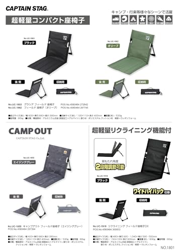 Captain Stag (CAPTAIN STAG) Outdoor Chair, Ground Chair, Reclining Field Chair DX, with Storage Bag, Black, UC-1919