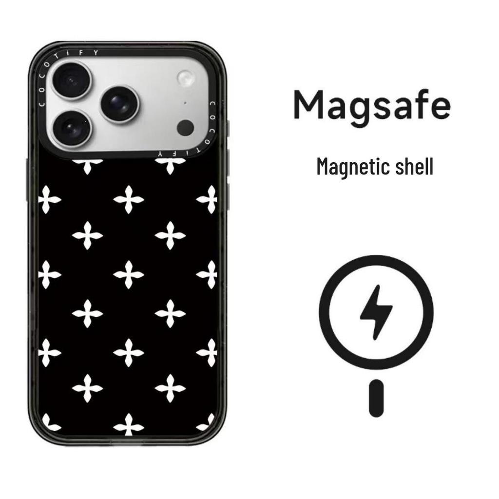 Black and White Polka Dot Floral MagSafe Case for iPhone 15 Pro Max