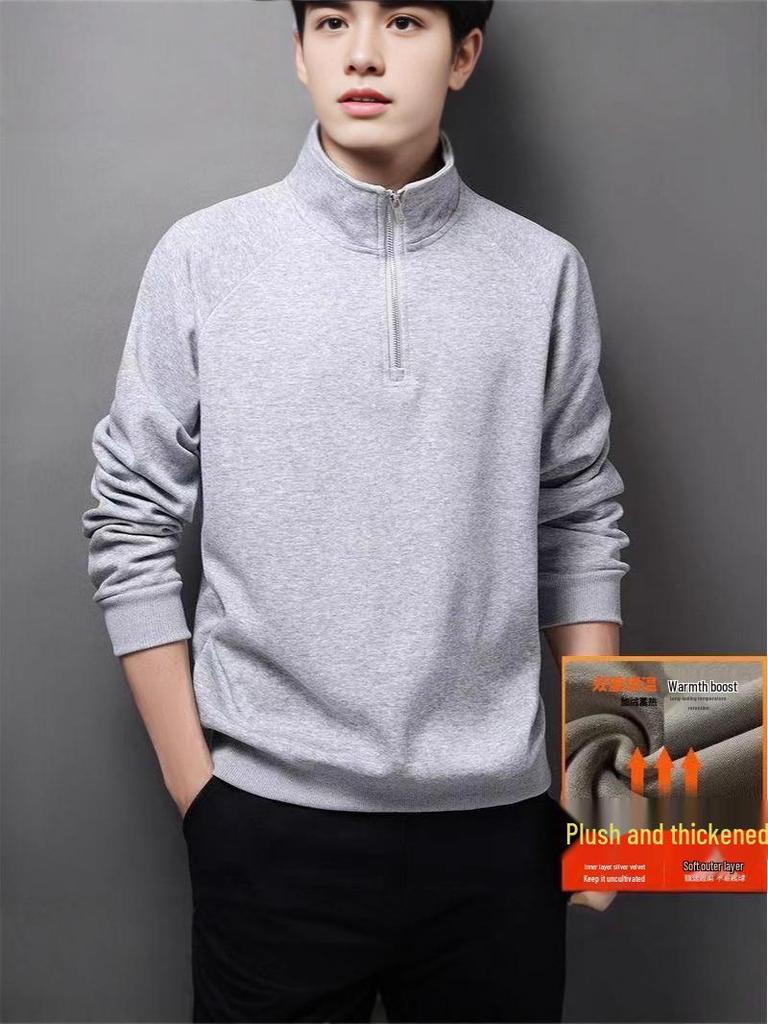 Men's 2025 Half-Zip Loose Hoodie: Long Sleeve, Stand Collar, Plus Velvet, Warm Jacket for Spring/Autumn