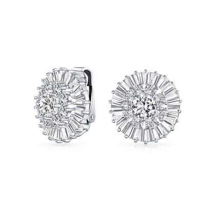 Bridal Wedding CZ Baguette Pave Round Cubic Zirconia Earrings for Women Ears Silver Plated Brass Clip-on Non-pierced
