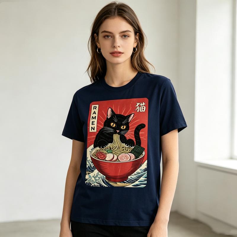 Retro RaUnisex Cat Graphic Tee Japanese Ukiyoe Style Print Unisex Unisex Cotton Short Sleeve Casual Gift T Shirt